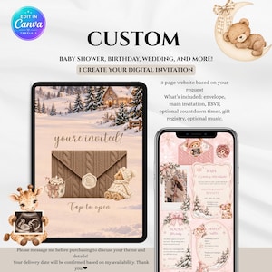 Könnte beinhalten: Ein digitaler Einladungsservice mit einem Tablet, das einen winterlichen Umschlag zeigt, und einem Smartphone mit einem rosa Babyparty-Layout. Text enthalten: CUSTOM, BABY SHOWER, BIRTHDAY, WEDDING, AND MORE!, I CREATE YOUR DIGITAL INVITATION, 3 page website based on your request, What's included: envelope, main invitation, RSVP, optional countdown timer, gift registry, optional music, Tap to open, you're invited!, BABY, BOOKS, DIAPER raffle, Please message me before purchasing to discuss your theme and details!, Your delivery date will be confirmed based on my availability. Thank you.