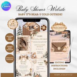 Puede incluir: Una plantilla de invitación digital para baby shower en la pantalla de un teléfono y una tableta. El diseño presenta un tema invernal con ositos de peluche, pinos nevados y sobres de punto marrón. El texto incluye Baby It's Bear-y Cold Outside, Olivia & Jason Bennett.