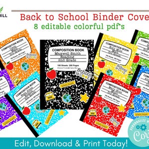 May include: Eight colorful printable binder covers for composition books. Each cover features a different color, a school bus, a globe, and a star. The text on the covers reads "Composition Book" and includes the student's name, subject, and grade. The text "School is Cool" appears on each cover.