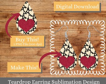 PNG Valentines Earring Design, Sublimation Earring Design, Digital Download, Printable, Teardrop, Earring, hearts, glitter