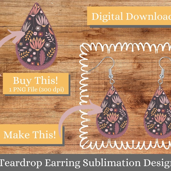 PNG Mauve Folk Art Floral Earring Design, Sublimation Earring Design, Digital Download, Printable, Teardrop, Earring