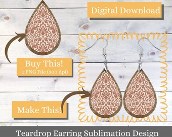 PNG Woodgrain and Terra Cotta Boho Print Teardrop Earring Design, Sublimation Earring Design, Digital Download, Printable, Teardrop, Earring