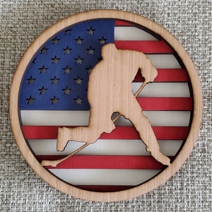 Layered American Flag Hockey Player Slap Shot ---Digital File Only--- DXF, SVG, PDF. Ai