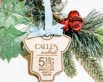 Baby’s 1st Christmas Ornament Newborn Stats Baby Onesie Engraved Personalized Wood Gift