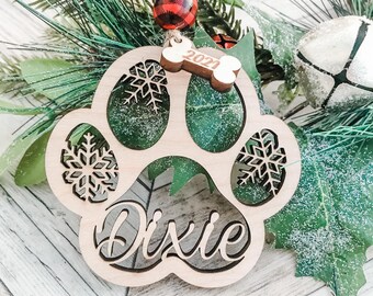 Personalized Paw Print Dog or Cat Ornament Laser Cut and Engraved