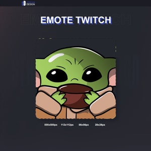 Puede incluir: Gráfico digital que presenta un personaje verde con aspecto de extraterrestre sosteniendo una taza marrón. El personaje tiene grandes ojos negros y viste una túnica beige. Las palabras "EMOTE TWITCH" están en la parte superior de la imagen.