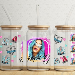 Karol G Bichota Pink Blue | UV DTF Libby Glass Cup Wrap Transfer png digital | Cup Wrap for 16oz Glass Can | Glass Wrap | Karol G | music