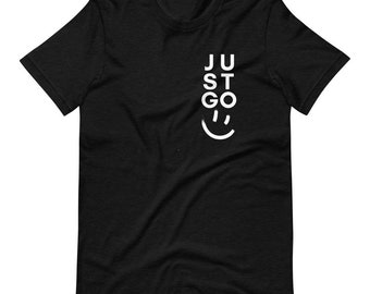 Just Go Vertical, Smiley Face Emoticon Graphic, Travel T Shirt, Cool Fun Graphic Tee, Women,  Men, Black TShirt