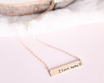 Actual Handwriting Engraved on Bar Necklace in 14kt Gold Filled or .925 Sterling Silver Mom Grandma Gift Memorial Jewelry