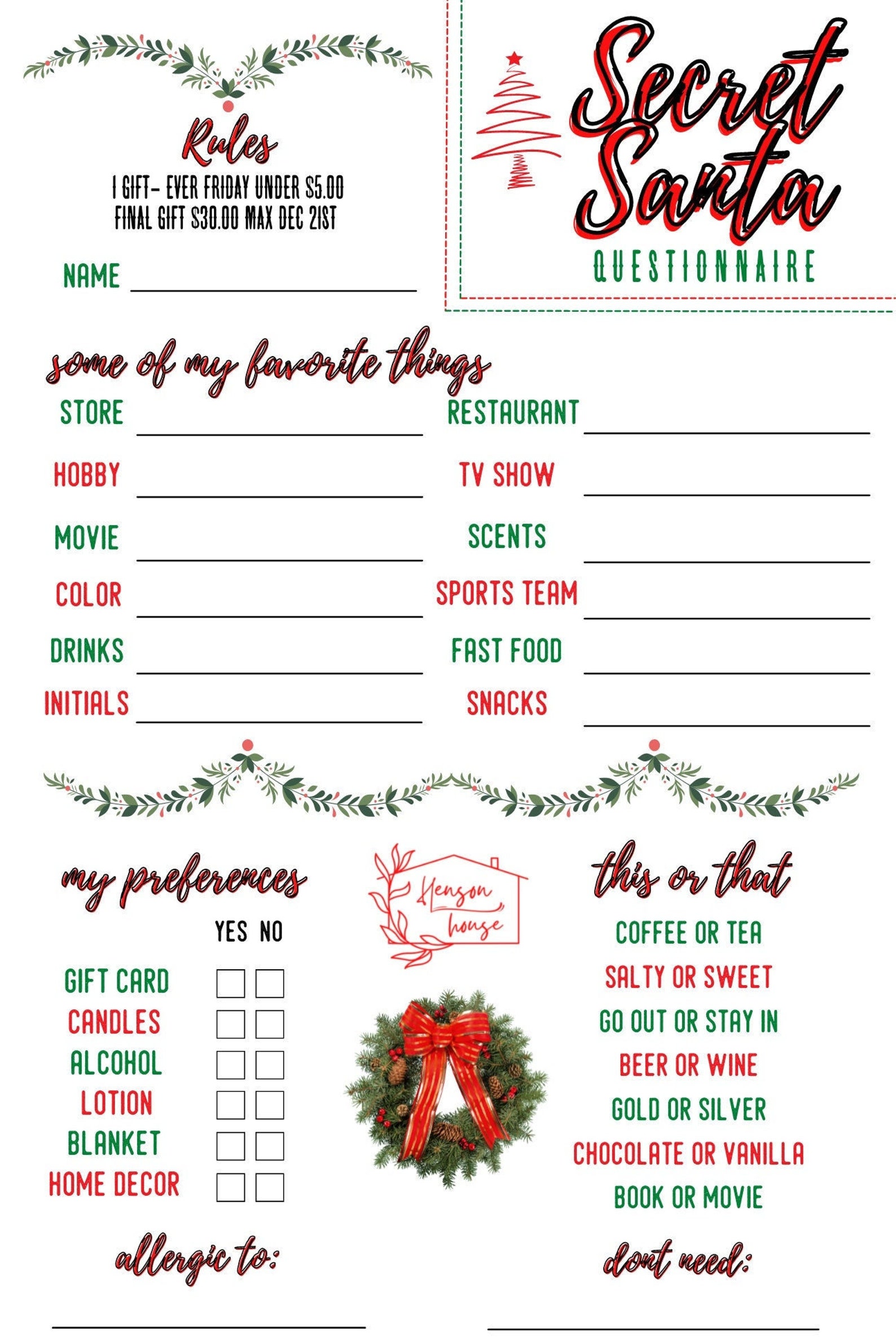 Secret Santa Questionnaire 2022 Holiday Gift Exchange Sheet Etsy