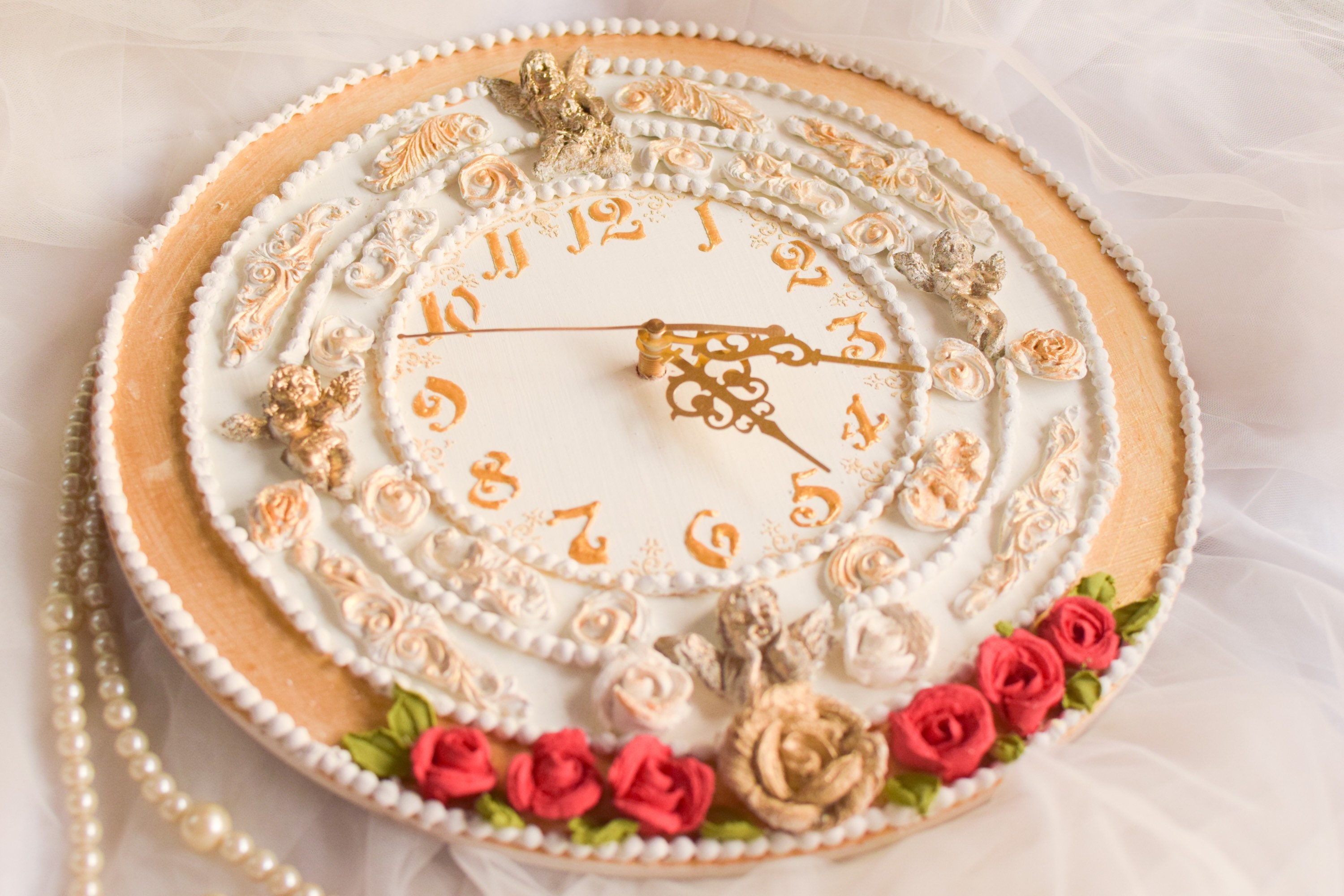 Horloge Faite à La Main avec Rose Maison Horloge Décorative d'or Cadeau Pour Maison Cadeau Lui Maman