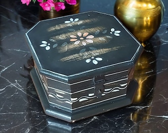 Vintage Hand Painted Wooden Treasure Chest, Floral Keepsake Box