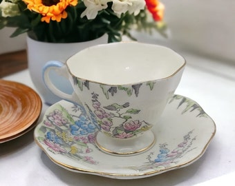 Vintage Handpainted E b foley bone china tea cup and saucer 1930's with unique floral pattern, tea party, English antique china, hollyhocks