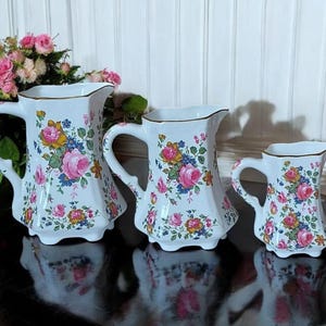 Set of 3 graduated Fenton bone china pretty floral gilded vintage jugs / pitchers, cottage decor, English floral decor, decorative jugs.