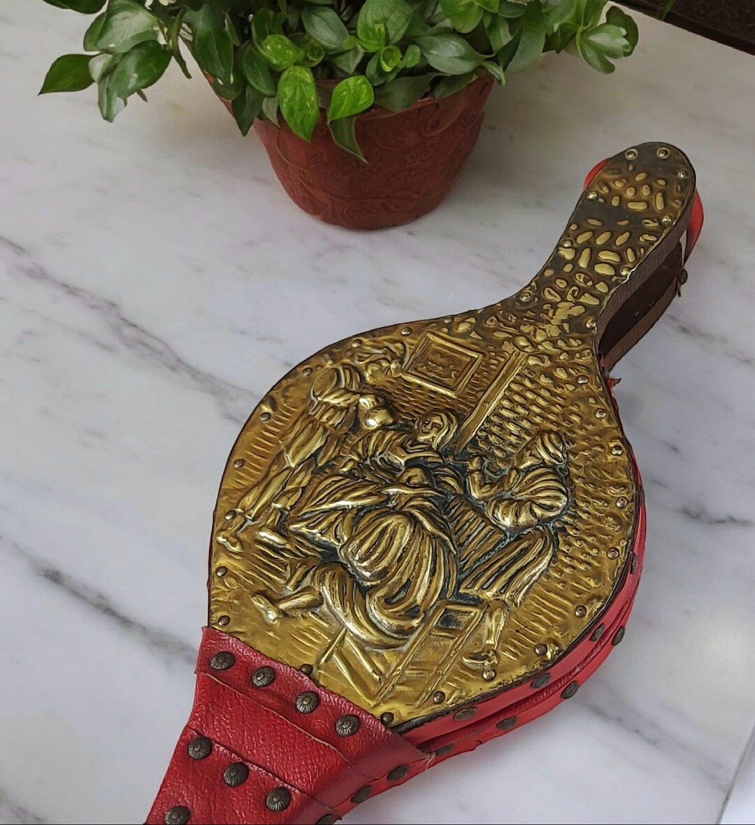 Vintage Wood & Red Leather Bellows Embossed Hammered Brass Period Men ...