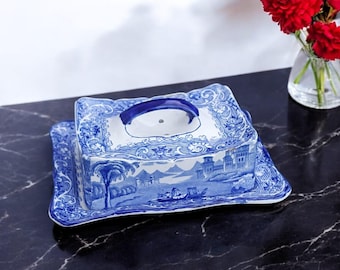 Rare Antique Ridgways &quot;Venice&quot; Pattern cheese/ butter dish c1930, cottage decor, Country House, blue and white transfer-printed.