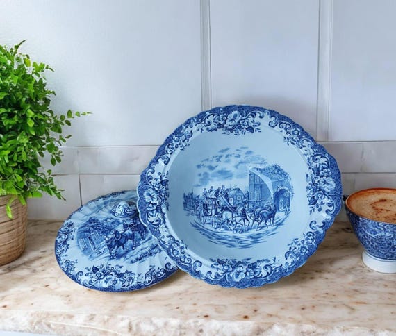 Vintage Johnson Bros Coaching Scenes Lidded Serving Dish, Blue