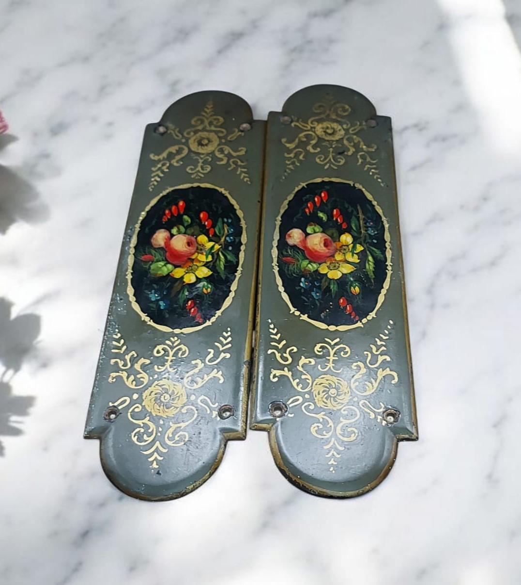 Pair of early 1800s Georgian door finger plates hand painted, door decor, decorative door finish, English Georgian decor, Georgian period,
