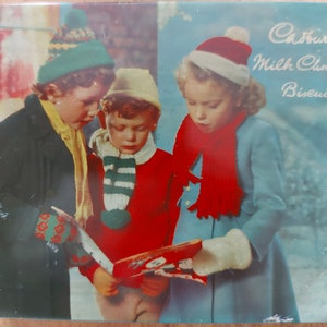 Vintage cadburys Christmas biscuit tin 1950s, old advertising tin, mid century tin, nostalgia,  english sweet tin.