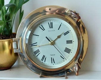 Horloge de bateau hublot de navire maritime vintage en laiton, hublot d'horloge murale à quartz de style plage, temps marin ~ cadeau de décoration de maison,