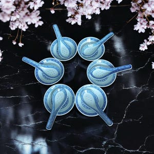 6 porcelain Chinese rice spoons with 6 soya sauce dishes early 80s, home dinning, 6 place setting spoons, rice/soup spoon hand decorated.