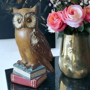 Vintage hand carved Owl on books , home decor owl ornament figurine hand painted.
