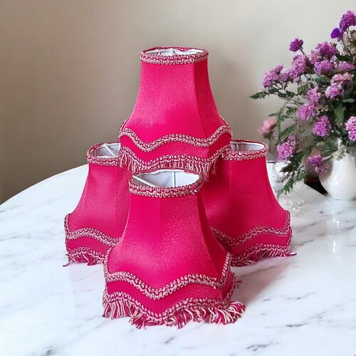 Vintage Boudoir Lampshades, Dark Red Faux Silk with Fringe, Set of 4