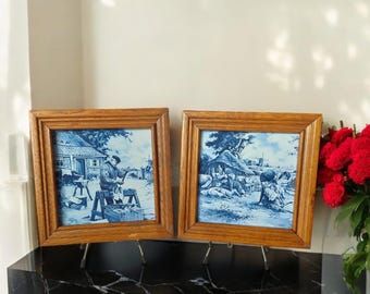 Vintage Delft Wall Tiles, Dutch Rural Scene, Framed Ceramic Art Pair