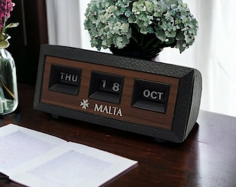 Calendario perpetuo da tavolo vintage anni '70, arredamento da ufficio in plastica nera
