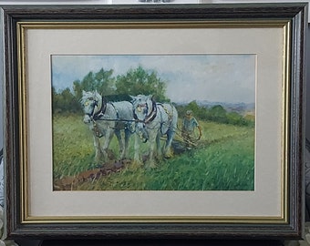 Beautiful original oil on board of ploughing horses oil painting, Welsh artist, home decor, country cottage decor, Country farmhouse decor ,