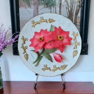Capodimonte poinsettia 3D plato de Navidad flor de Nochebuena, porcelana pintada a mano para bradex escultura de porcelana italiana