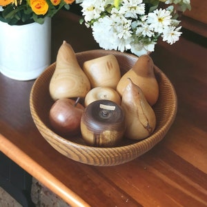 Fruttiera vintage in legno tornito, espositore di frutta in faggio, ciliegio e tasso