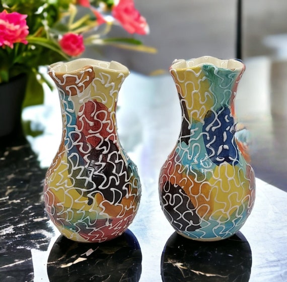 Vintage Italian Ceramic Vases, Mid-century Splash Art, Scrafitto