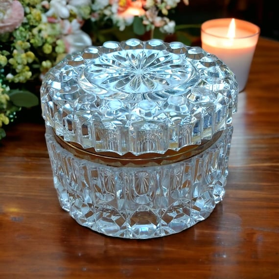Vintage French Cut Crystal Trinket Box, Brass Rim, Vanity Decor