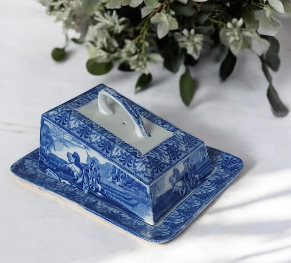 Antique Cauldon England Chariot Blue & White Butter Dish