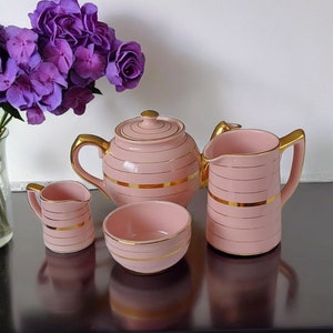 Rare 1930s Sadler teapot set Pink with gold stripes ,English ironstone wear, tea party,home entertaining,complete tea set,