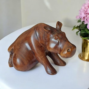 HAND CARVED HIPPOPOTAMUS, teak wood made in africa,  dark wood caving decorative piece, home decor, handcrafted wood art.