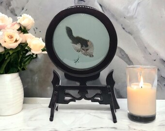 Vintage Chinese Silk Embroidery Cats Reversible Glass Screen and Wooden Stand.