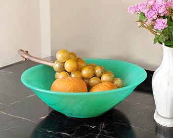 Szklana misa na owoce w stylu Art Deco w kolorze uranowo-zielonym, styl Jobling