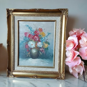 Original Oil on Canvas Still Life Floral Painting Signed peter,  small Oil Painting, decorative art,home decor, floral painting gold frame.