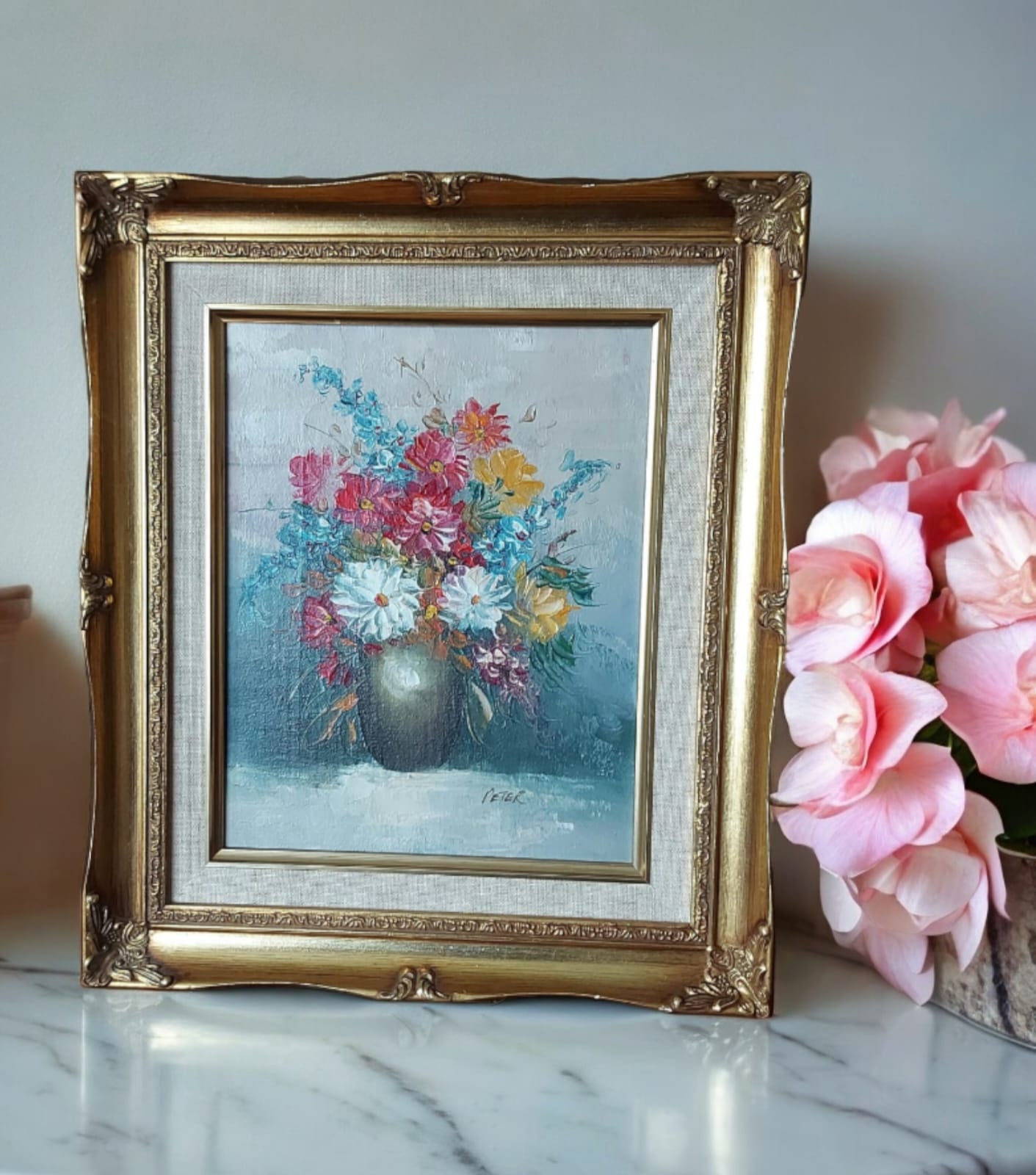 Signed Floral Oil Painting on Canvas, Gold Frame, Still Life Art