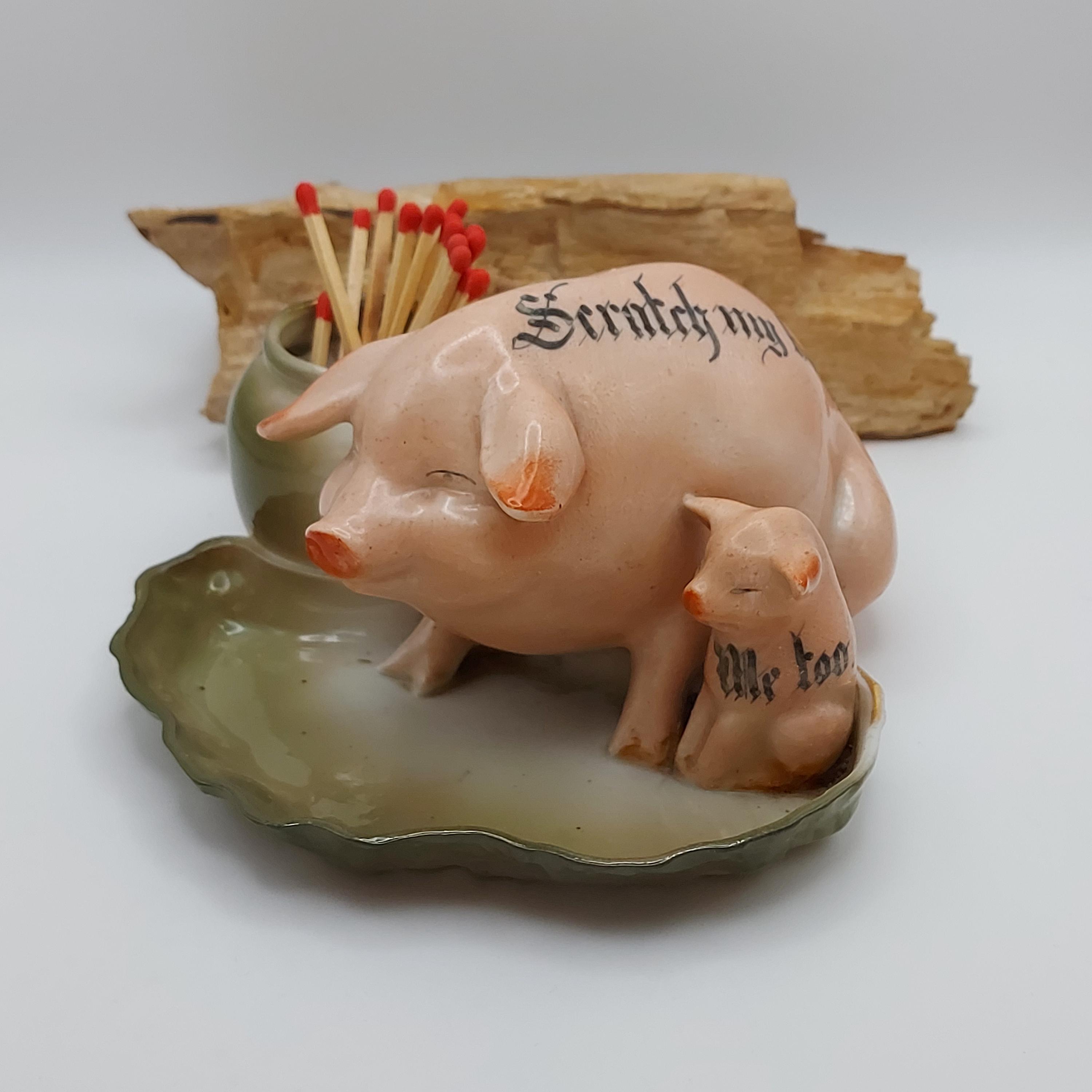 Antique German Pig Fairing Match Striker & Ashtray, novelty ashtray, match striker, antique German Porcelain wear, man cave,