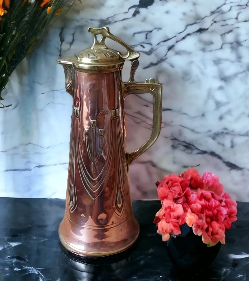 Large Art Nouveau Copper Water Jug Ewe ,copper Pitcher, County Kitchen