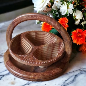 A Collapsing basket with handle, wood fruit bowl,  bowl, wooden basket, gift for mom, wooden trivet rosewood basket,foldaway bowl