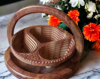 Rosewood Collapsing Basket with Handle, Turkish Wooden Fruit Bowl