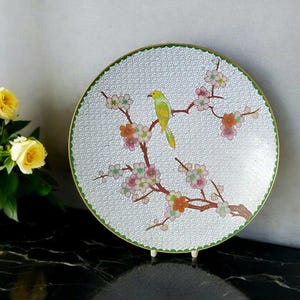 Vintage Cloisonne Enamel Floral bird Brass dish/ wall plate , Vintage Chinese Brass Decorative Plate, 60s Chinese Cloisonne,decorative dish.