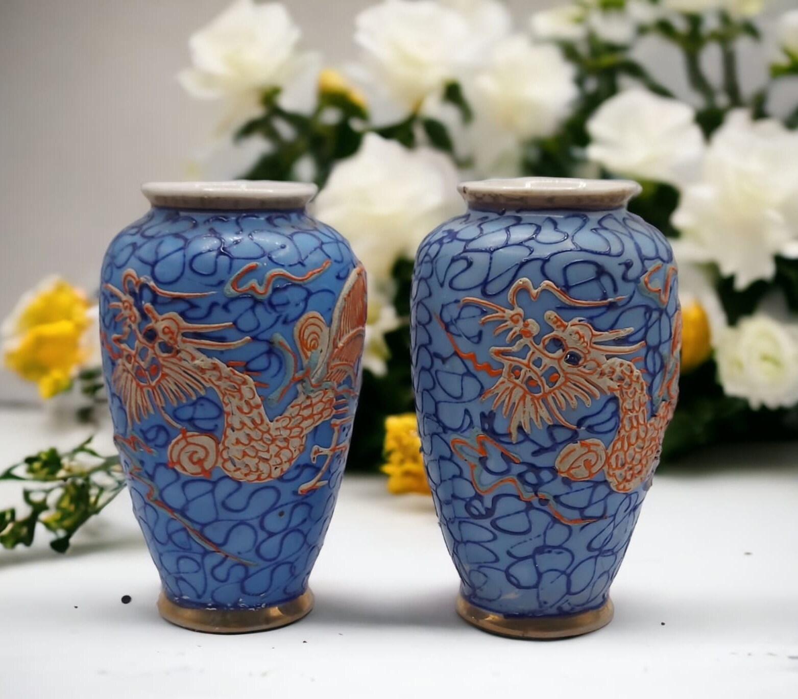 ドラゴン模様の陶器花瓶 ノリタケ オールドノリタケ ドラゴン盛り上げ 花瓶