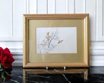 Vintage Hand Painted Silk Picture, Birds on Cherry Blossom, Framed Art