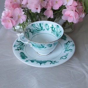 Rear pattern Royal Worcester china tea cup and saucer 1905, English china, green dragon and snake pattern, decorative china cup and saucer.