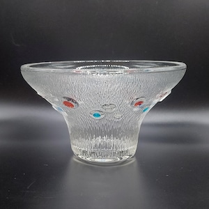 Vintage midcentury Pukeberg Sweden glass Bowl. Mcm Scandinavian atomic glass tealight candle holder. Textured, spotty 1960s glass home decor